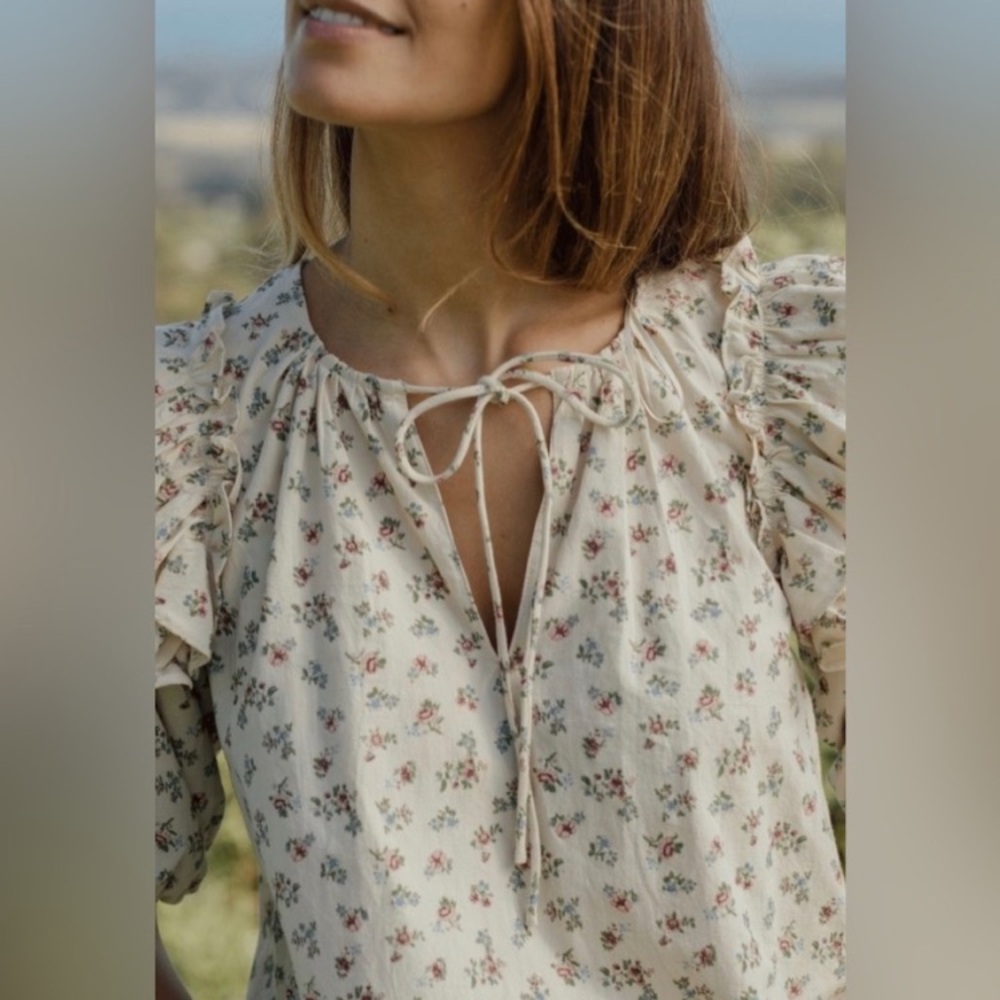 Floral Tie-Neck Ruffle Blouse - Cream